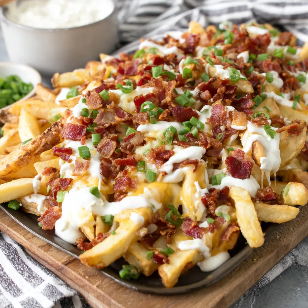 Loaded bacon cheese fries, dripping with cheddar and crispy bacon bits.