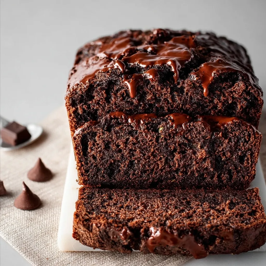 Moist chocolate zucchini bread slice. Fudgy, healthy homemade loaf.