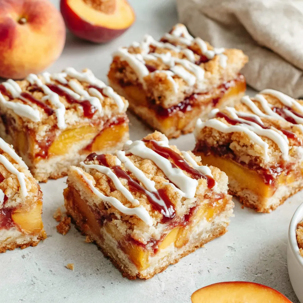 Buttery peach bars, close-up. Fruity summer dessert recipe.