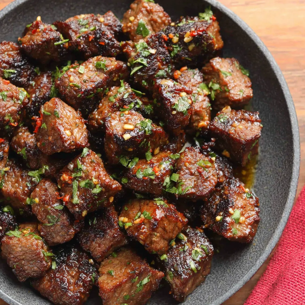 Juicy air fryer steak bites on a plate. Easy recipe, perfect appetizer.
