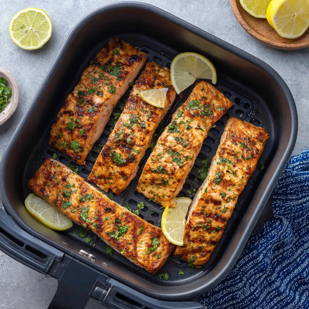 Air fryer baked salmon recipe. Flaky, healthy salmon on a plate.