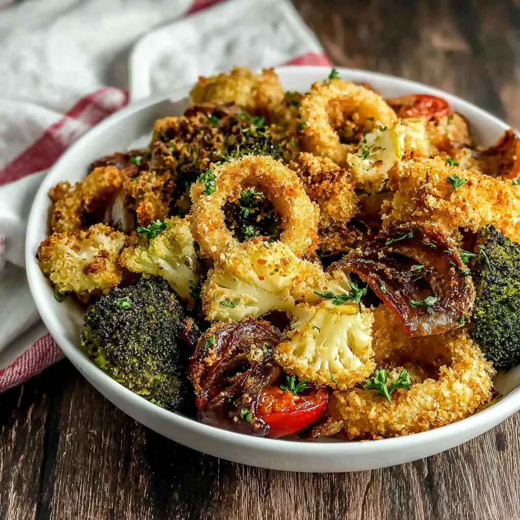 Crispy air fryer vegetables. Mixed roasted veggies close up.
