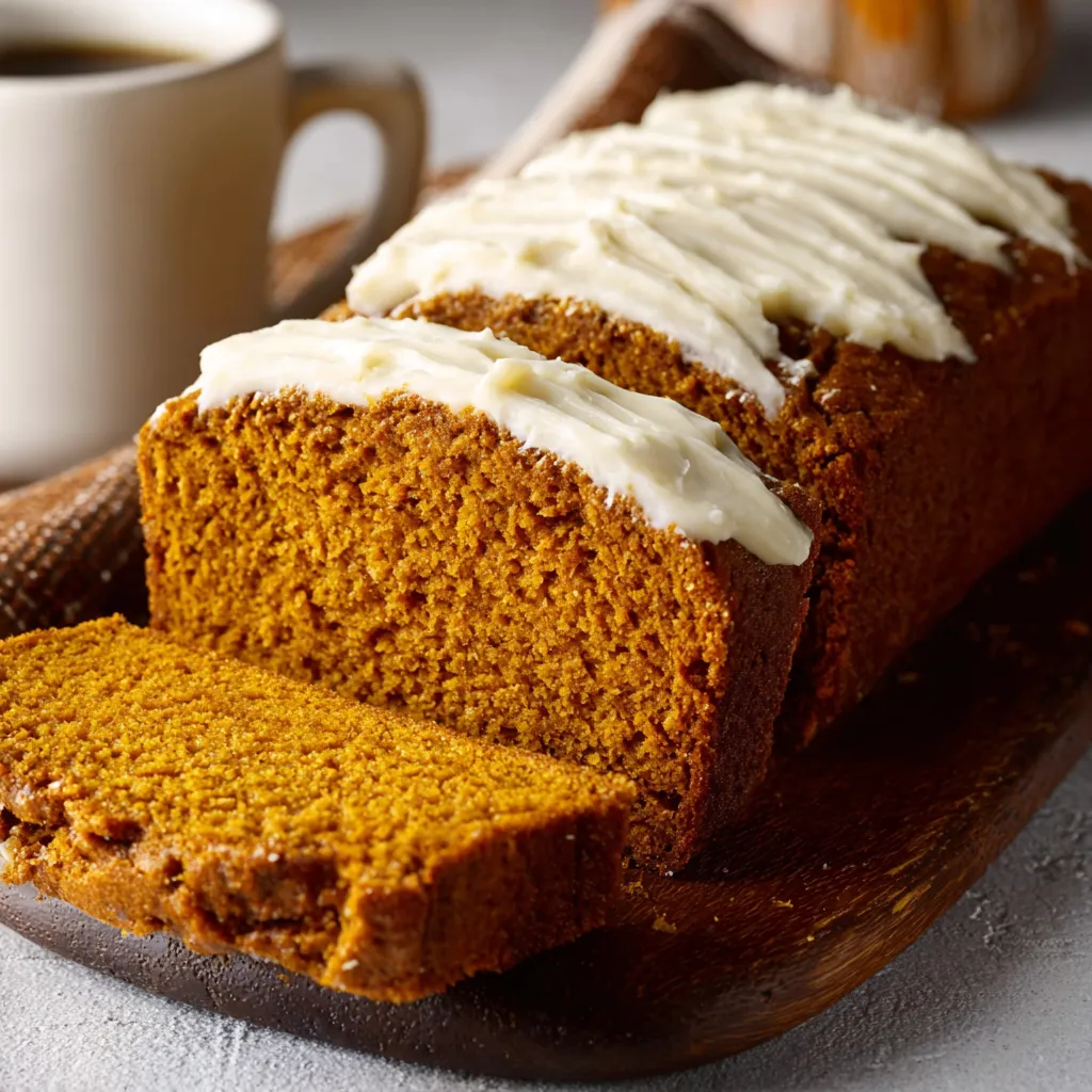 Pumpkin bread with cream cheese frosting, ready to eat.