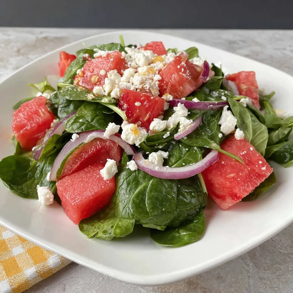 Spinach watermelon salad. Summer salad on a rustic table for cozy country living.