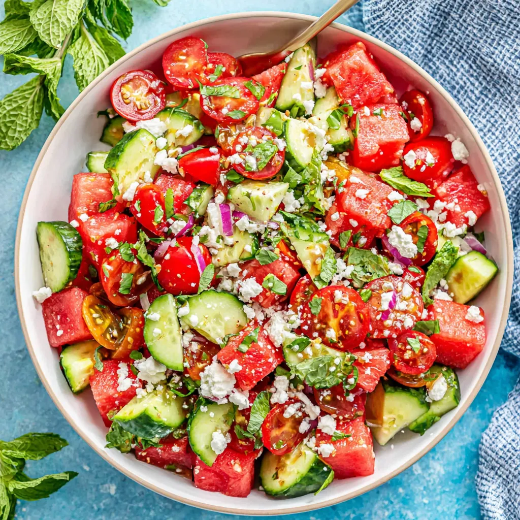 Watermelon cucumber salad. Close-up of fresh, easy summer salad.