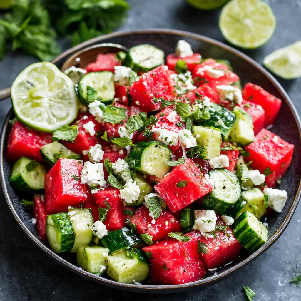 Watermelon salad with cucumber, feta, and mint. So refreshing!