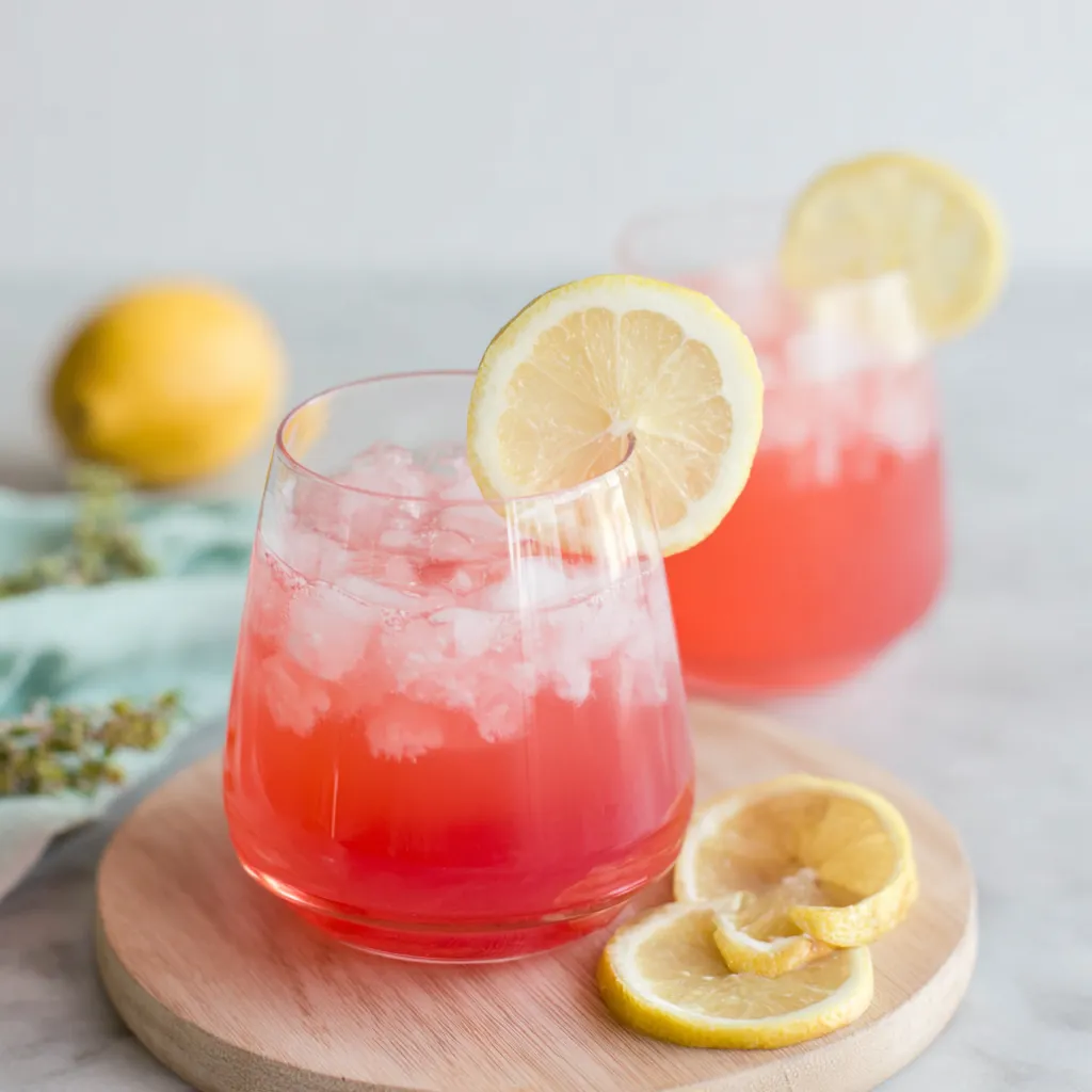 Refreshing watermelon lemonade in glass with lemon slice. Summer drink.
