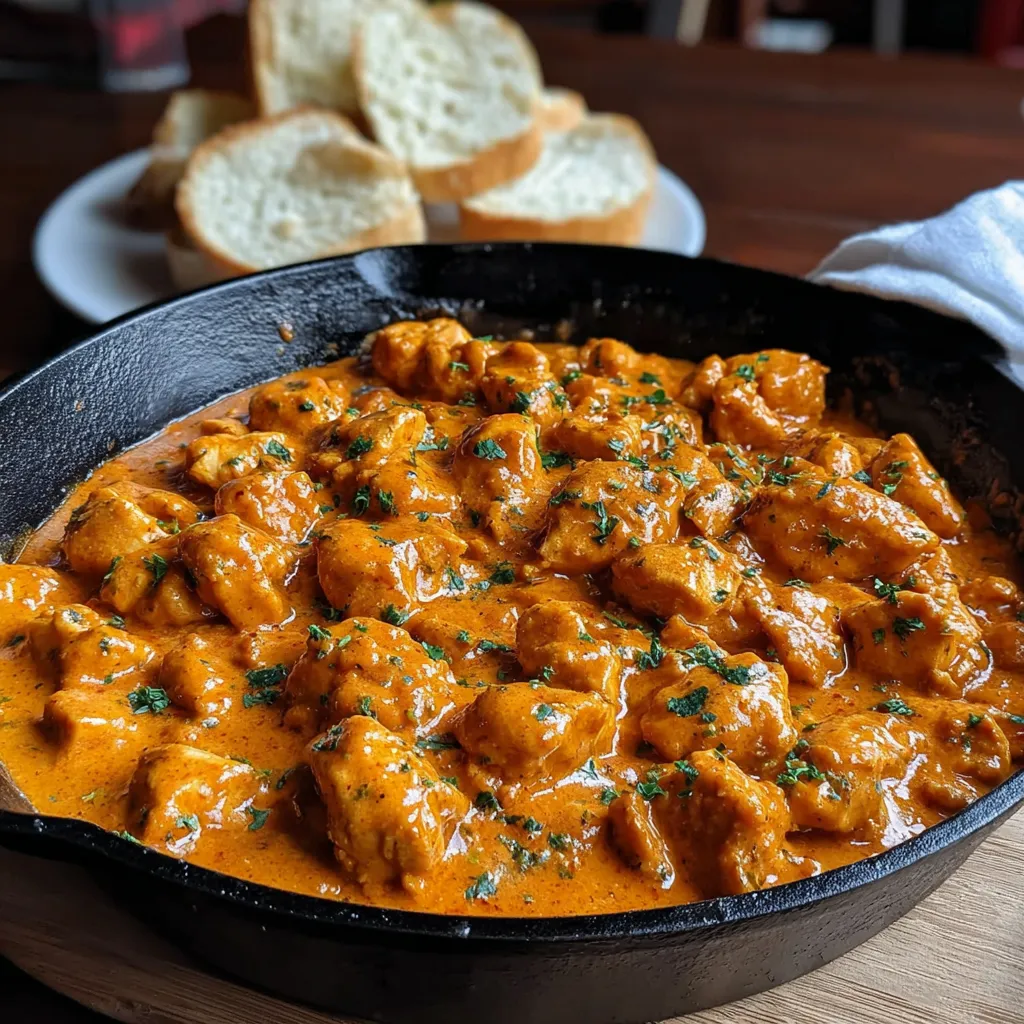 Close-up of creamy Texas Roadhouse butter chicken skillet.