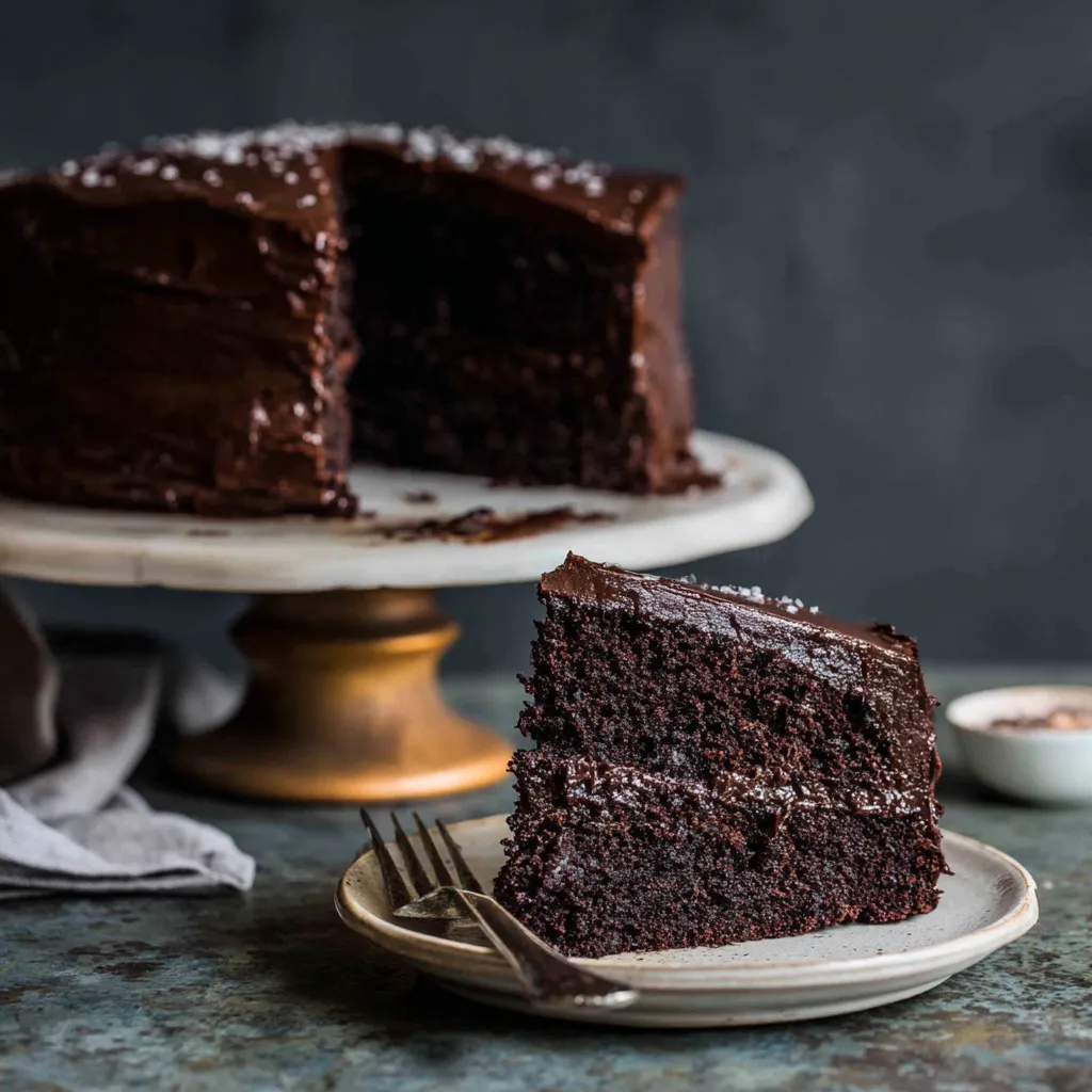 Salted dark chocolate stout cake slice on a plate.