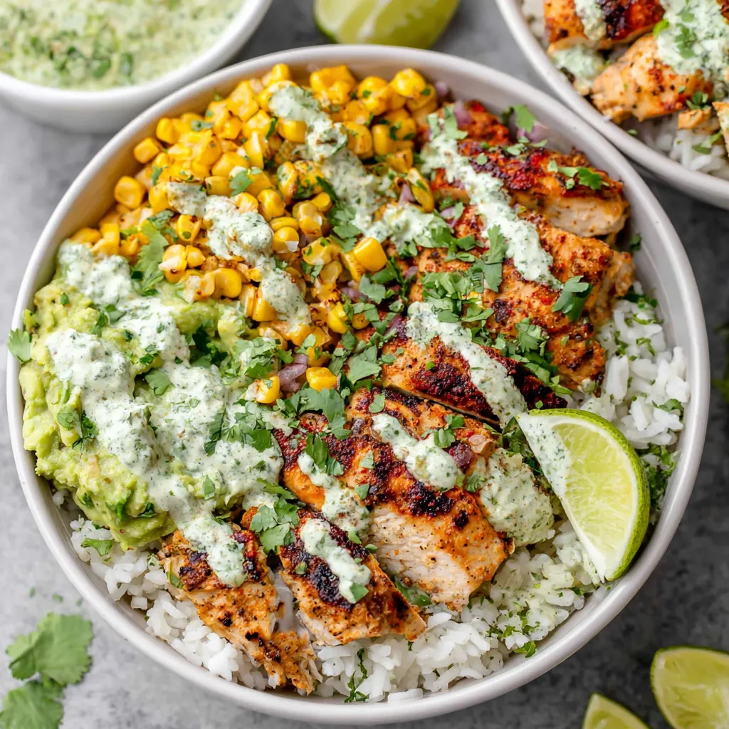 Street corn chicken rice bowl: Grilled chicken, corn, rice, and toppings.