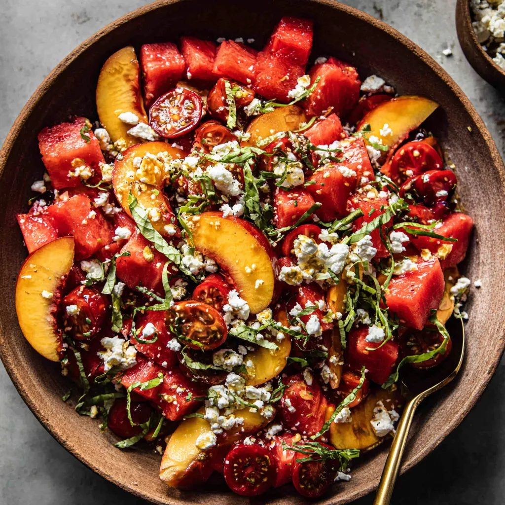 Juicy peach watermelon salad, a refreshing summer fruit salad.
