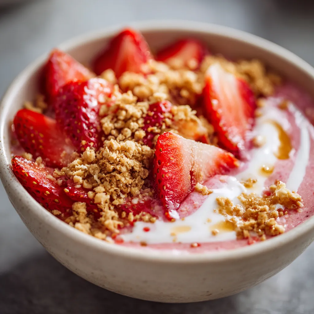 Creamy strawberry acai smoothie bowl topped with Talenti Sorbetto.