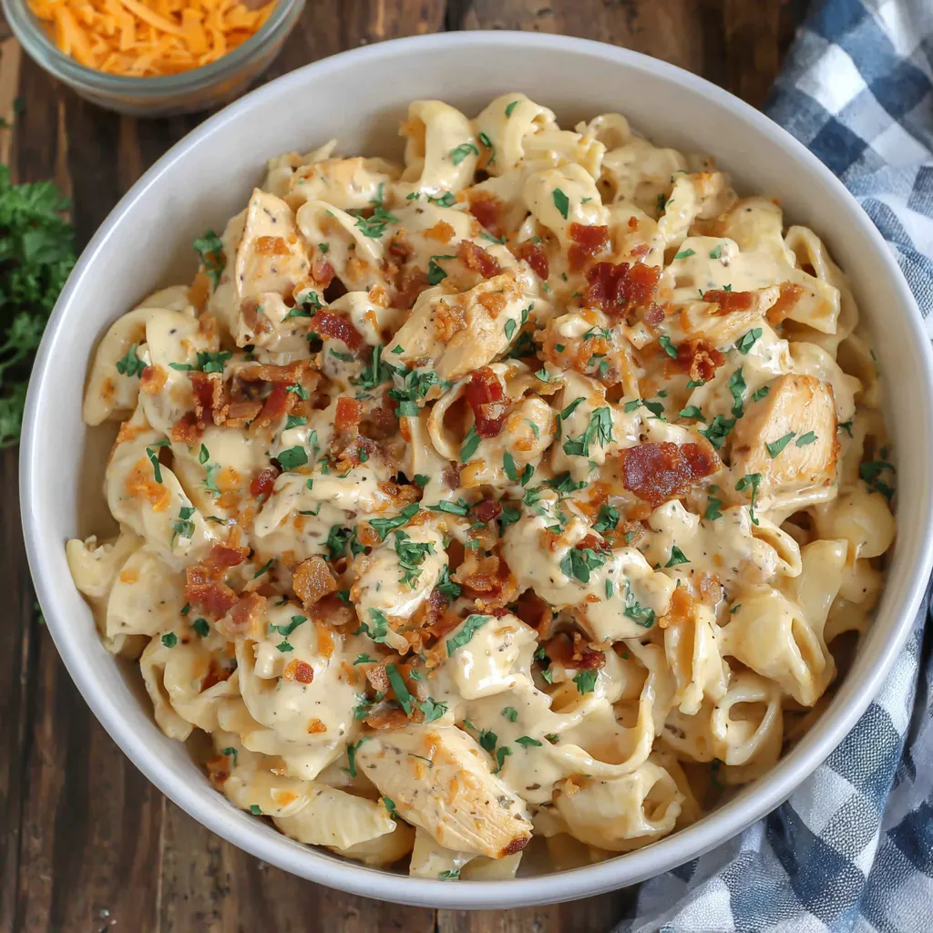 Creamy chicken bacon ranch pasta. Comfort food dinner with penne and herbs.