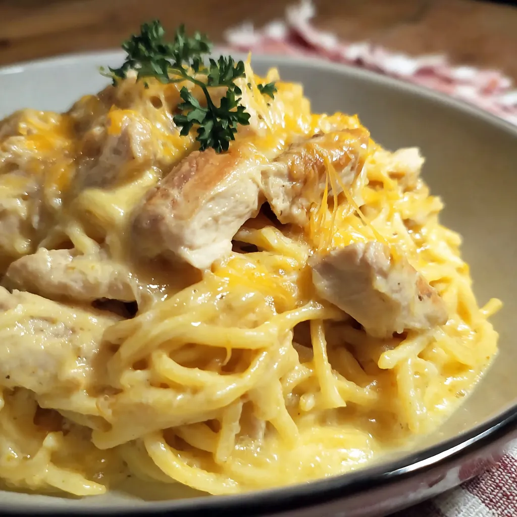 Creamy chicken tetrazzini: baked pasta with chicken in a rich, cheesy sauce.