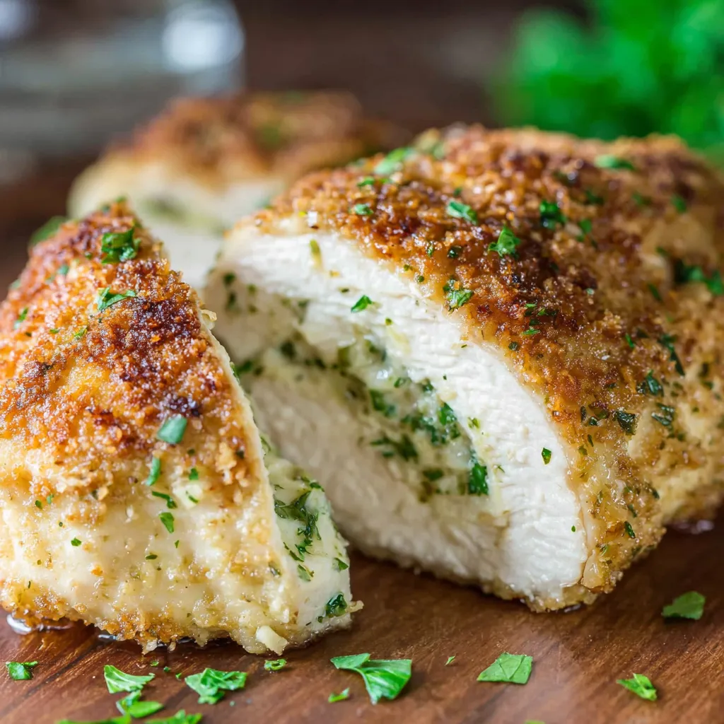 Golden-brown, crispy Chicken Kiev. Buttery, herb-filled center visible.