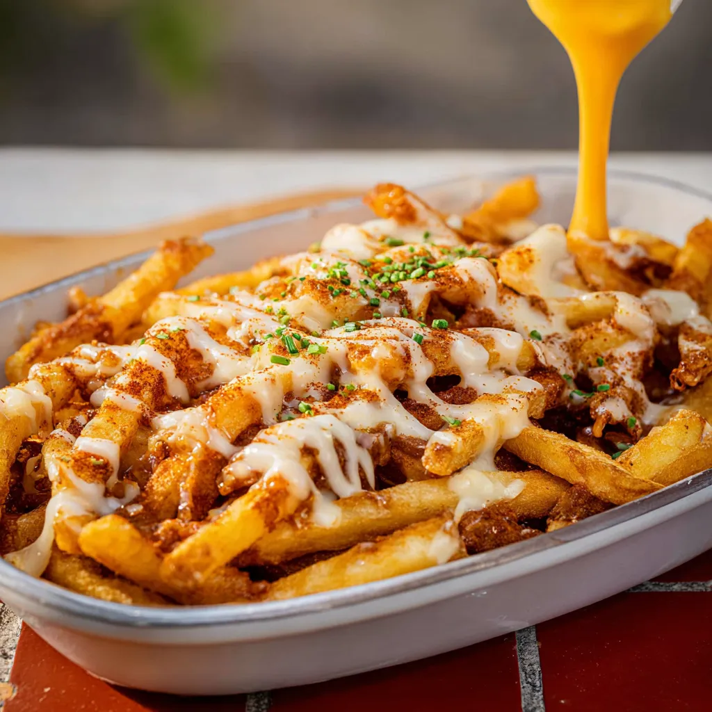 Spicy Louisiana Voodoo Fries: Crispy fries smothered in gravy, cheese, and jalapeños.