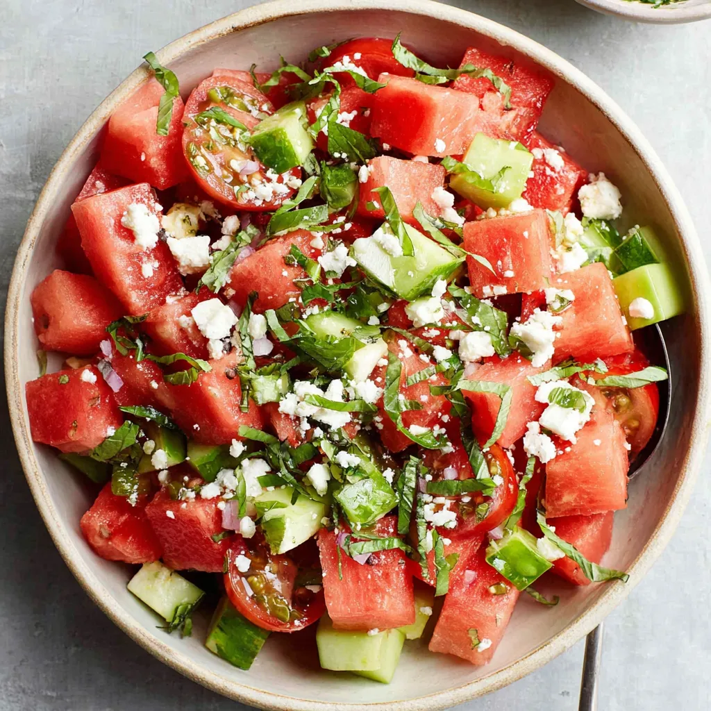 Watermelon salad with tomato, feta, and herb vinaigrette.