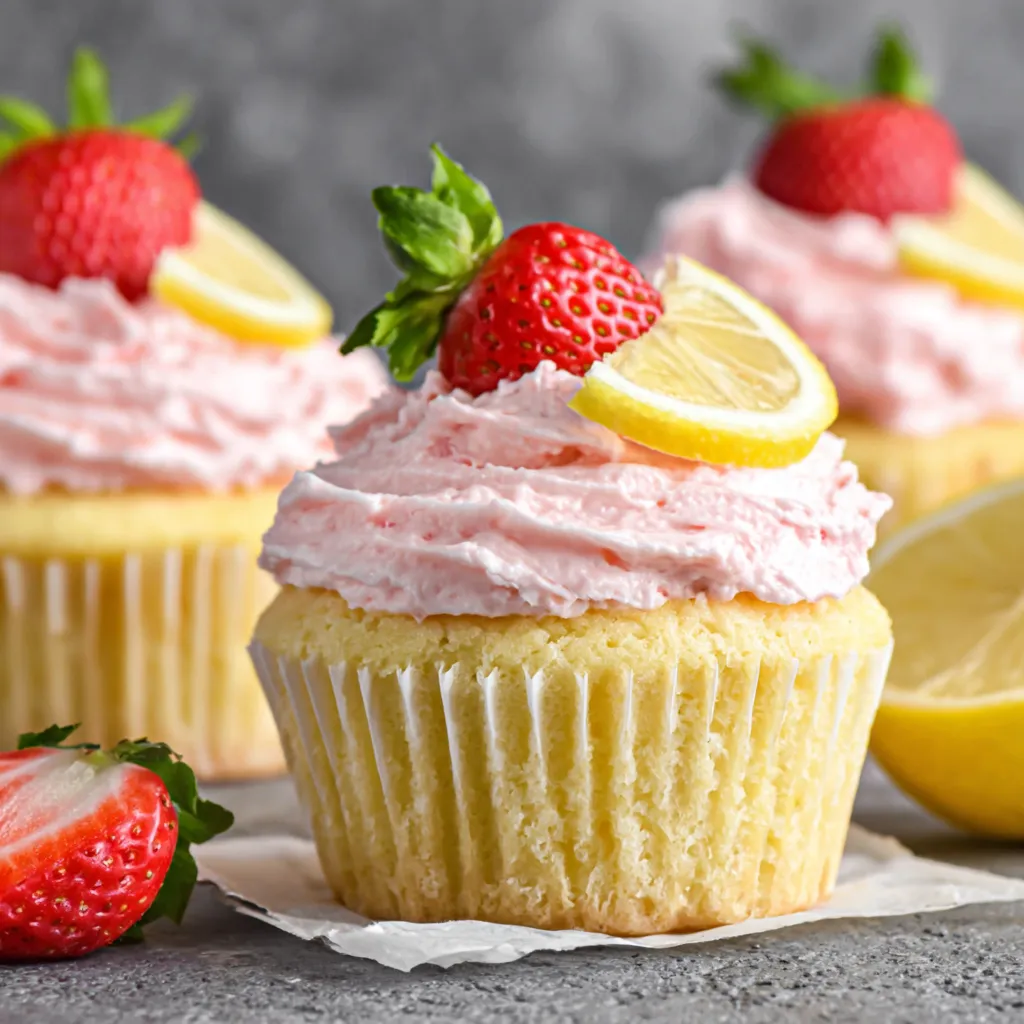 Zesty Strawberry Lemonade Cupcake with Strawberry Slice Topping