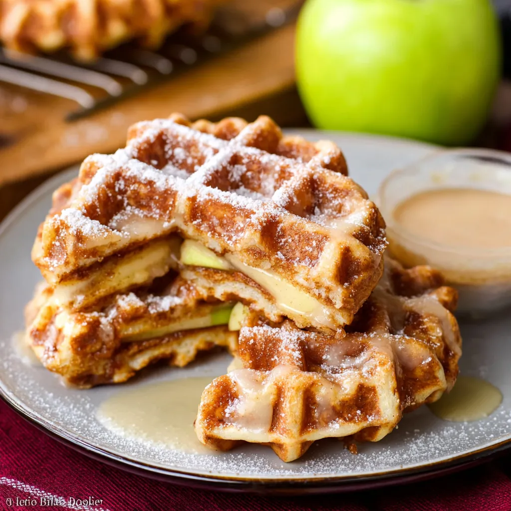 Apple fritter waffle donut stack drizzled with glaze. Delicious breakfast mashup!