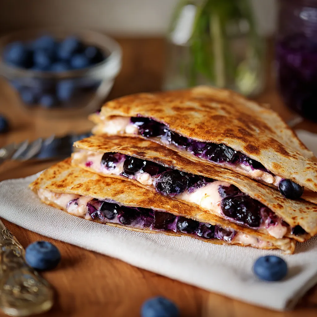 Blueberry breakfast quesadilla: sweet tortilla filled with fresh blueberries.