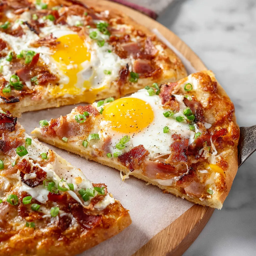 Breakfast pizza slice close-up. Fluffy crust, eggs, bacon, and melted cheese.