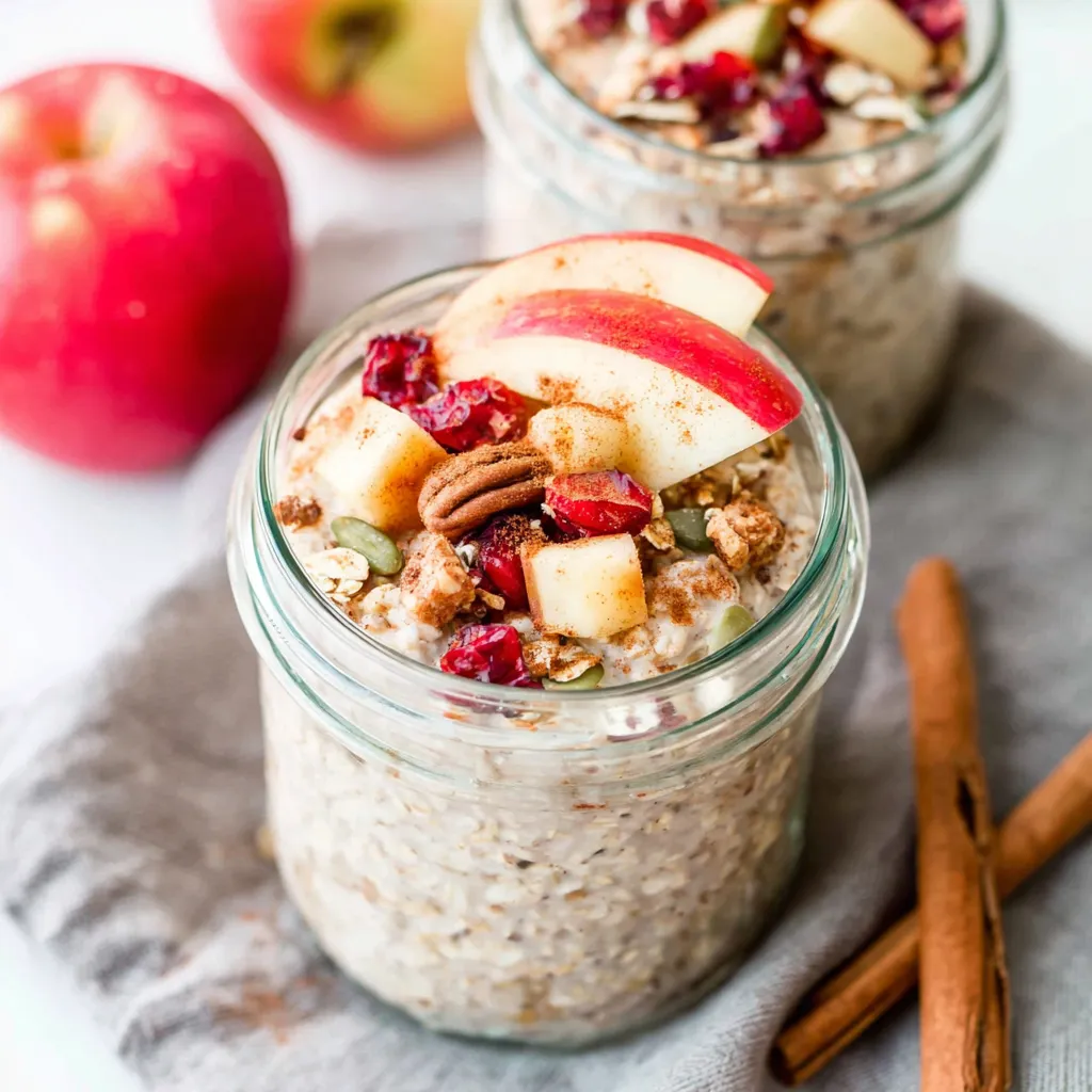 Cinnamon apple overnight oats in a jar, ready to eat.
