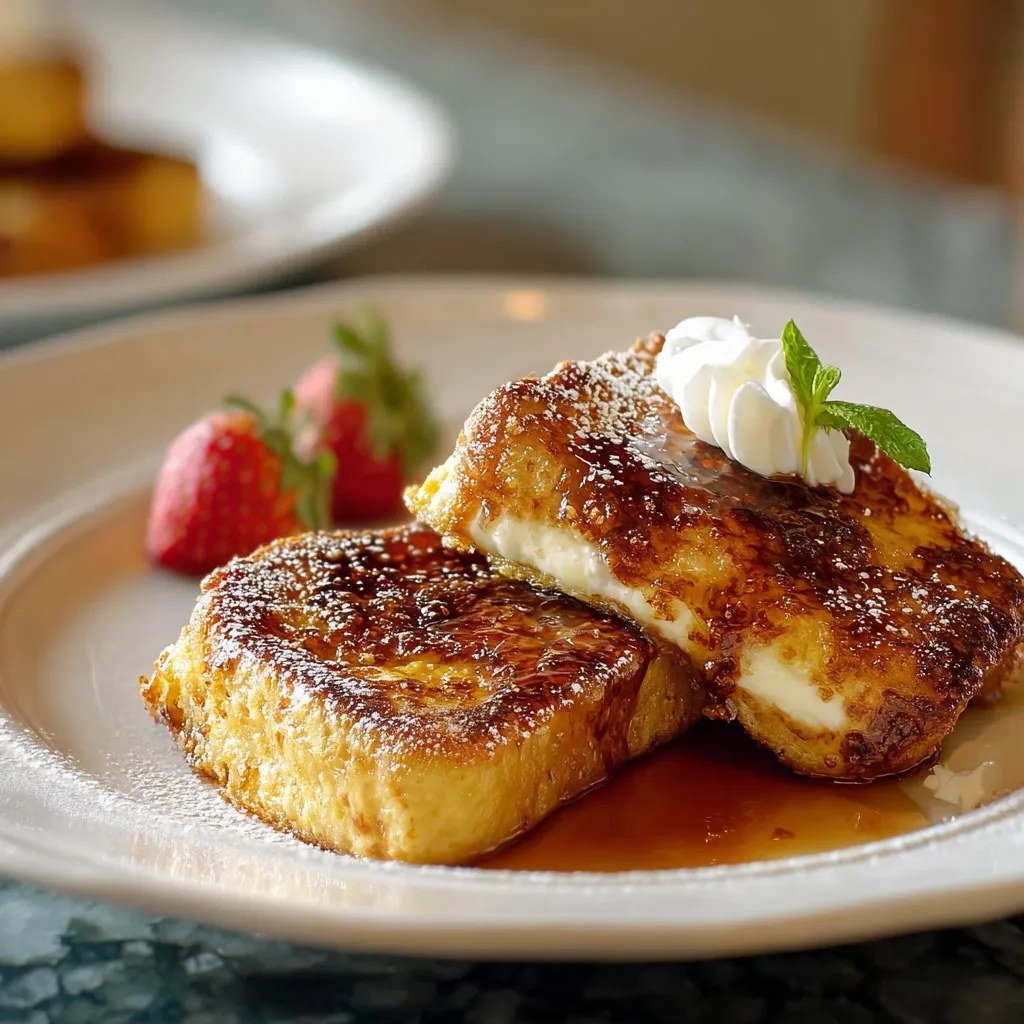 Crème brûlée French toast: Golden, caramelized breakfast treat.