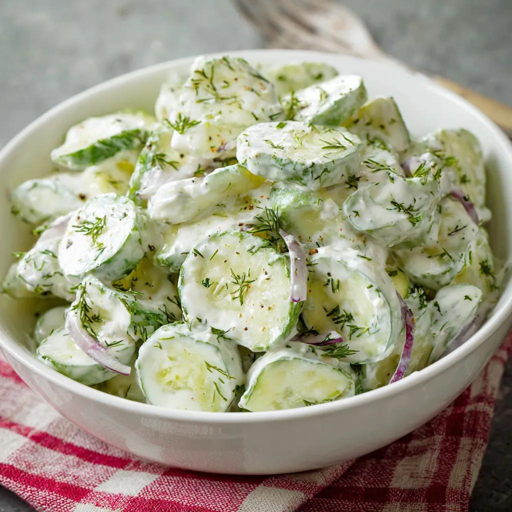 Creamy cucumber salad: refreshing summer side dish with dill and creamy dressing.