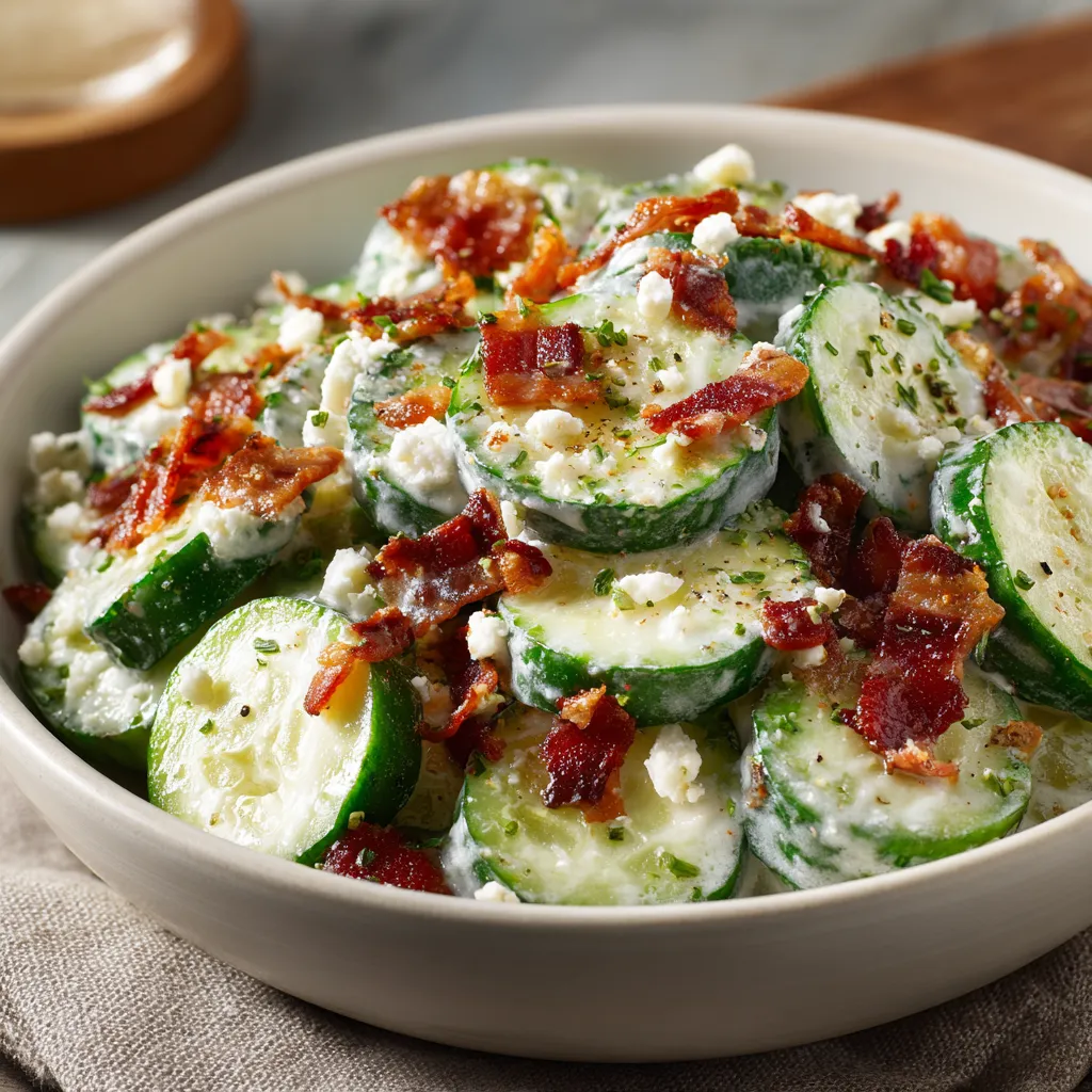 Creamy cucumber salad with bacon and cheese.