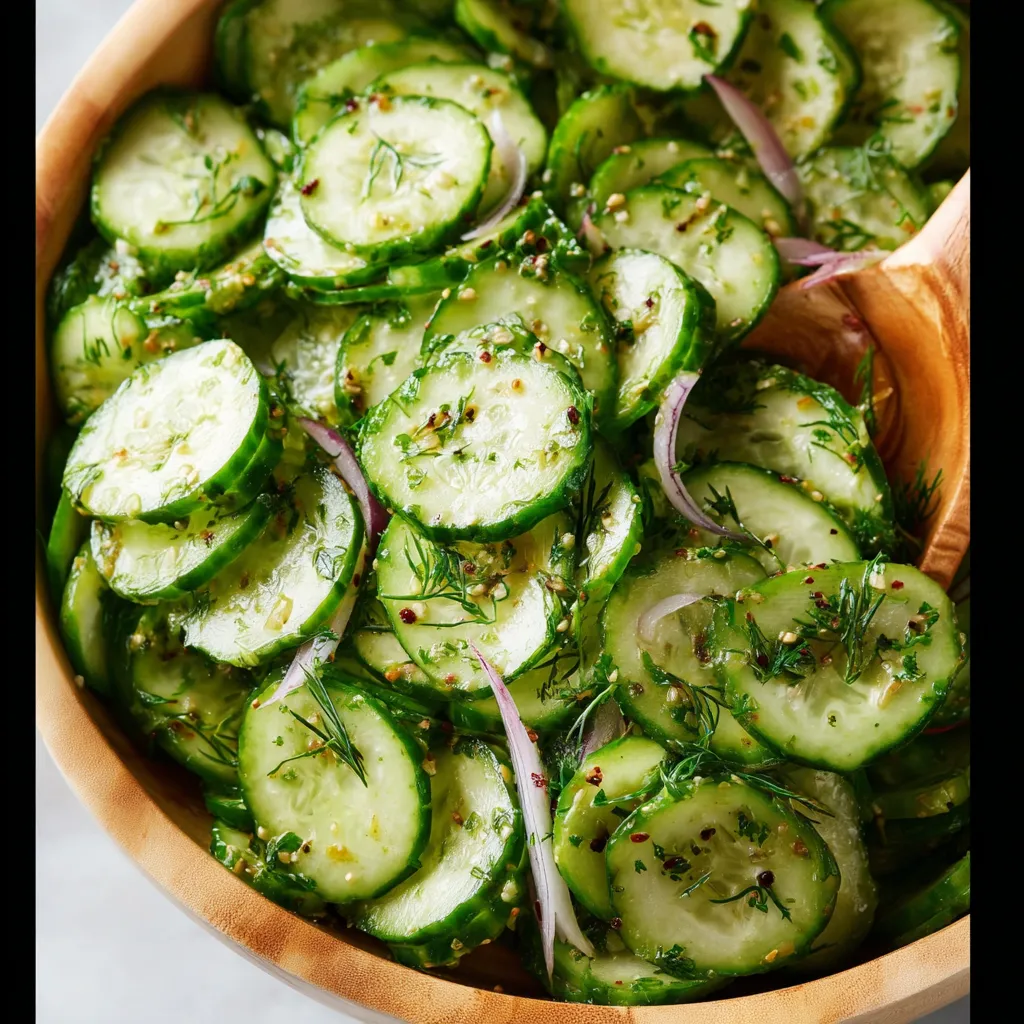 Creamy cucumber salad recipe with dill and red onion.