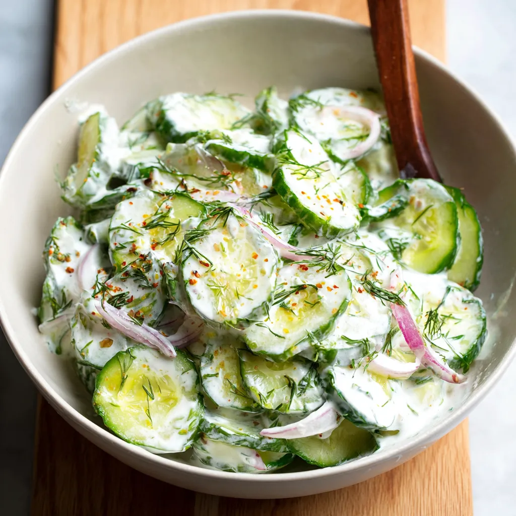 Cucumber salad with creamy Greek yogurt dressing. Summer side dish.