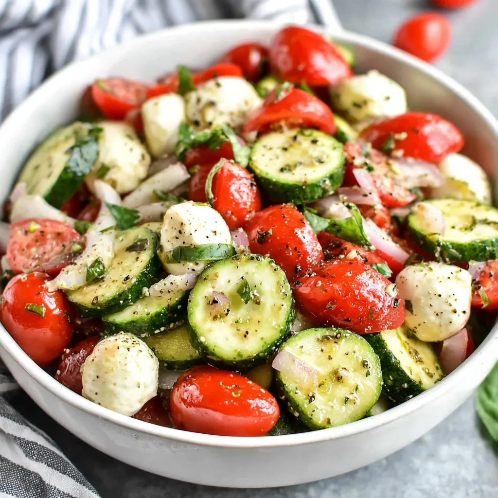 Cucumber Caprese salad: fresh mozzarella, cucumber, tomato, basil.