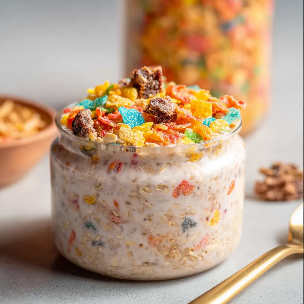 Fruity Pebbles overnight oats in a glass jar. Colorful, delicious breakfast.
