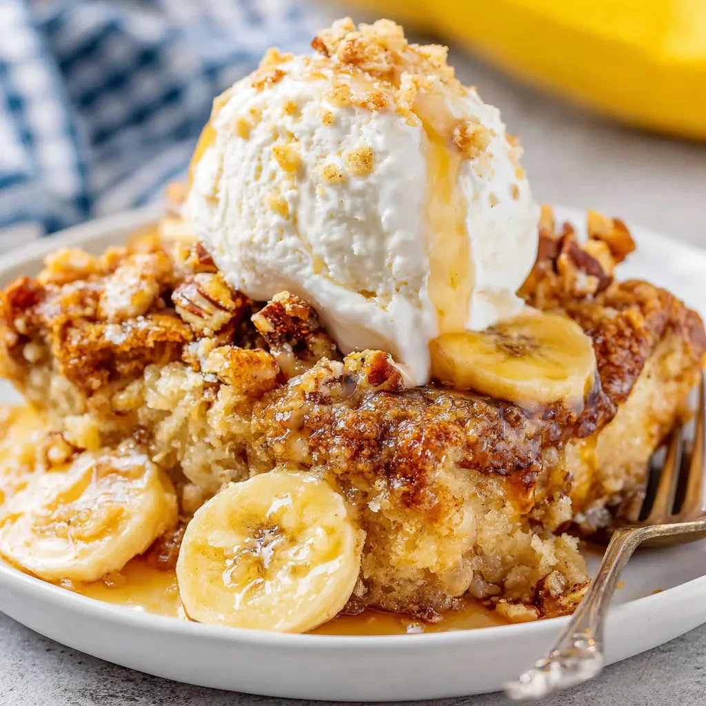 Southern banana cobbler, warm and golden brown, fresh from the oven.