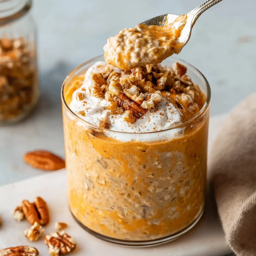 Pumpkin spice overnight oats in a jar. Fall breakfast recipe.
