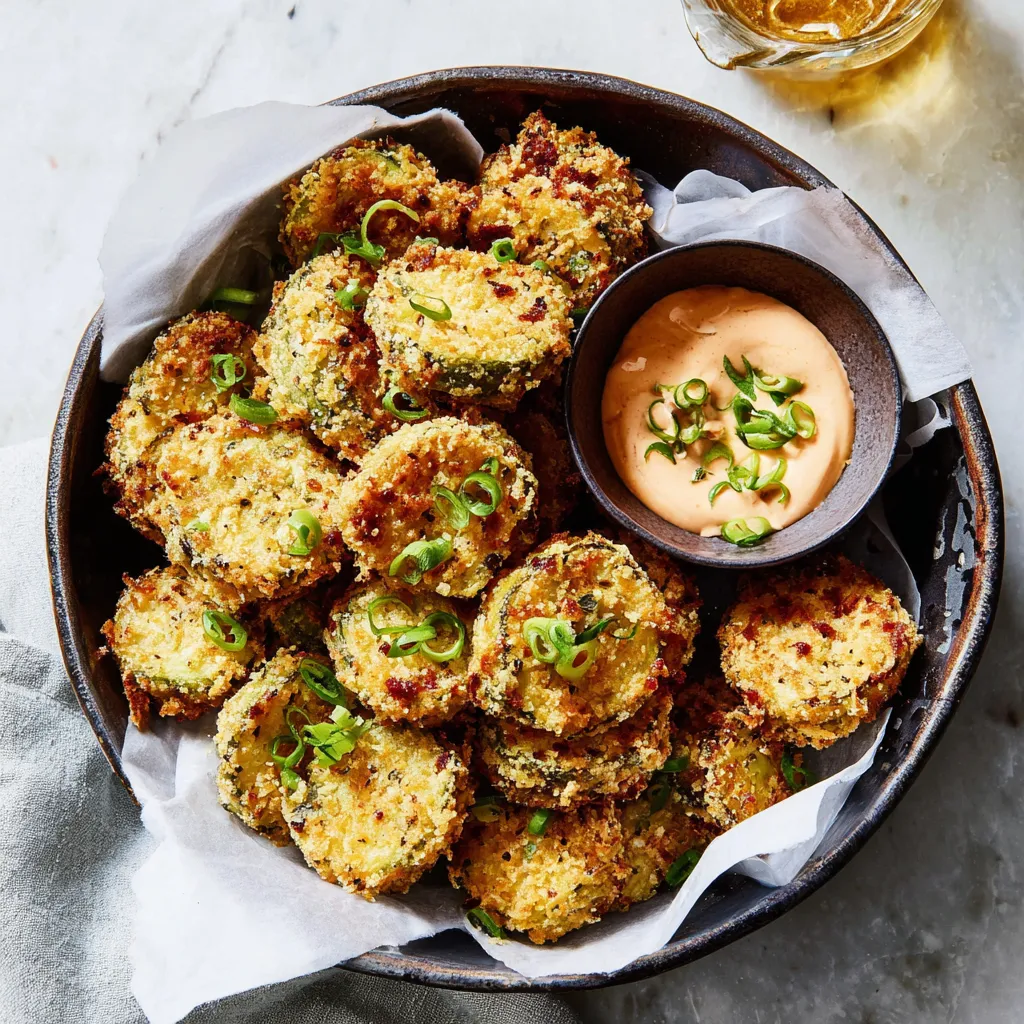 Crispy air fryer fried pickles on a plate. Quick and easy recipe!