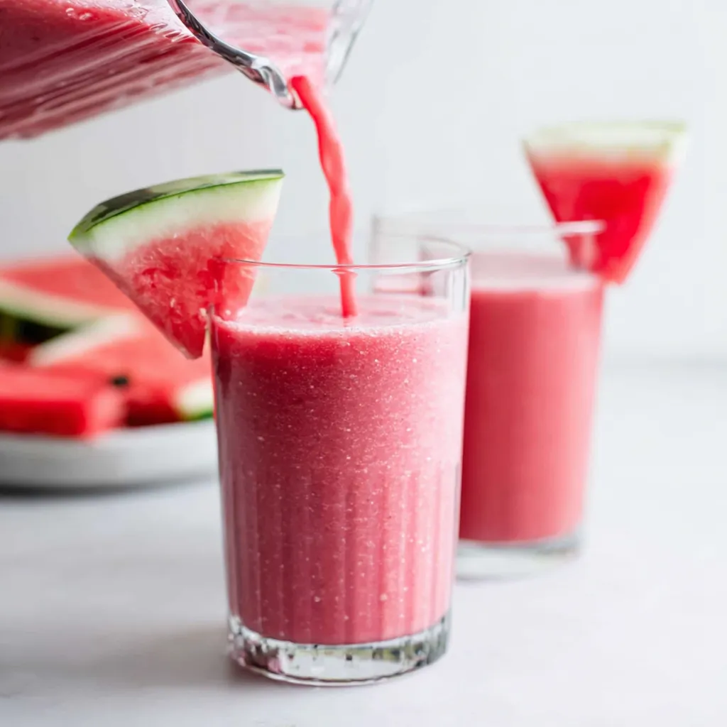 Refreshing watermelon smoothie in a glass. Summer drink recipe.