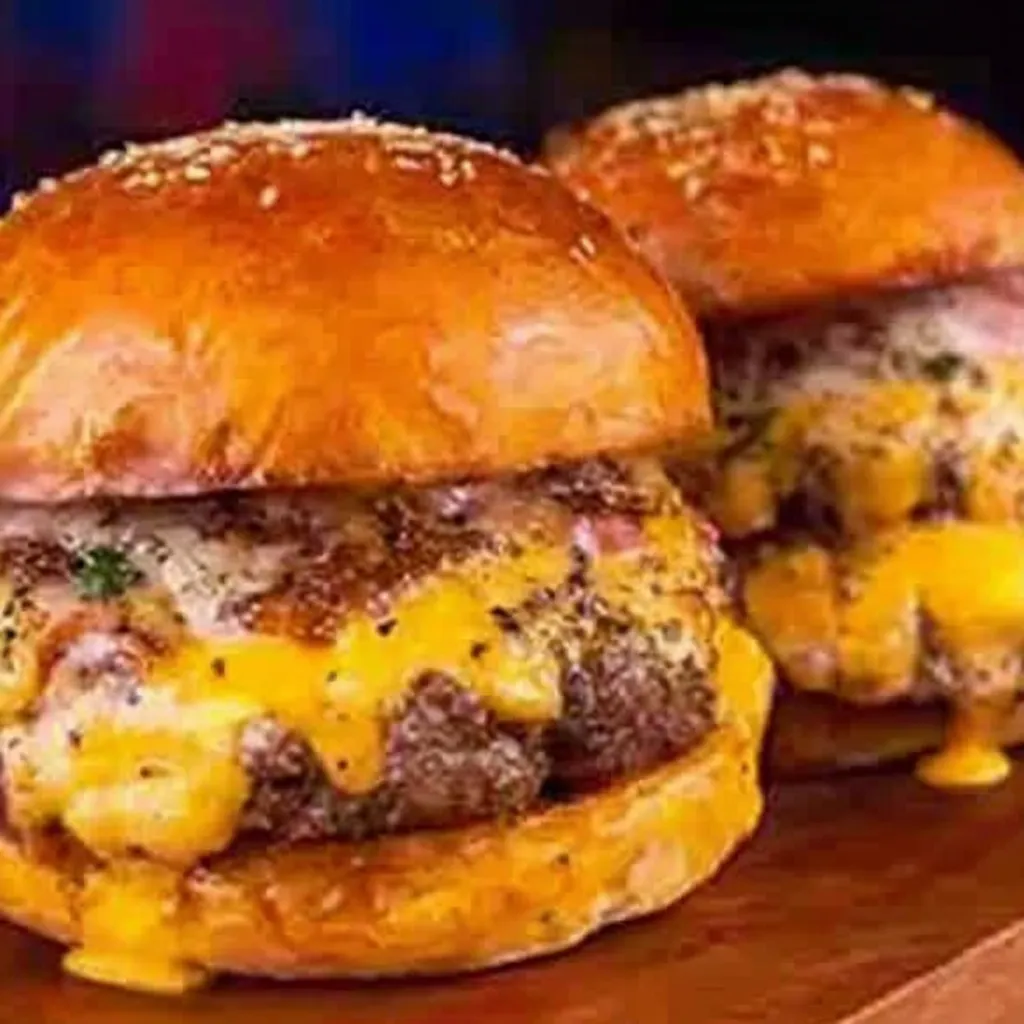Mouthwatering crack burger: juicy beef patty, melted cheese, crispy bacon.