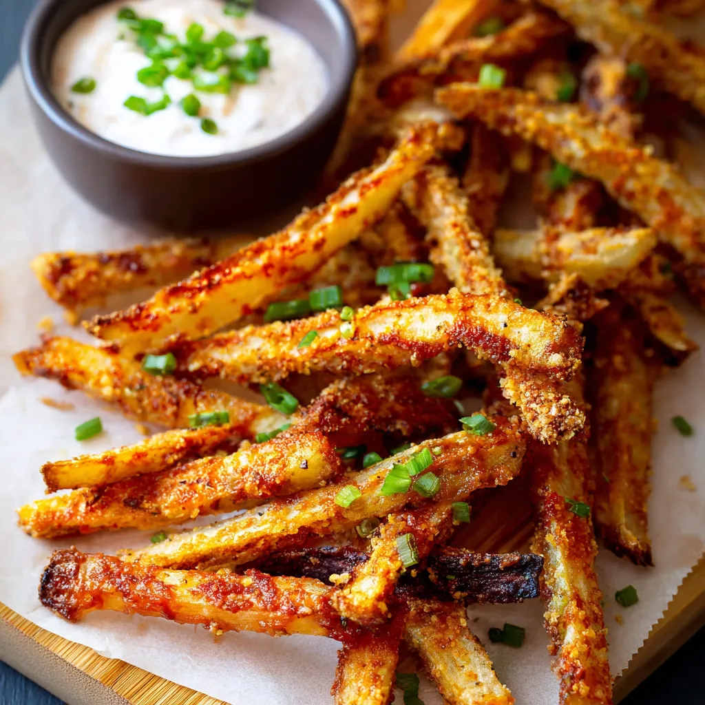 Crispy baked kohlrabi fries. Air fryer or oven recipe.