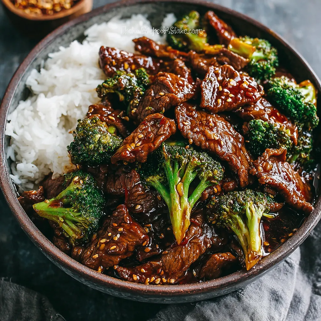 Beef and broccoli stir-fry in a pan. Easy one-pan Chinese take-out recipe.