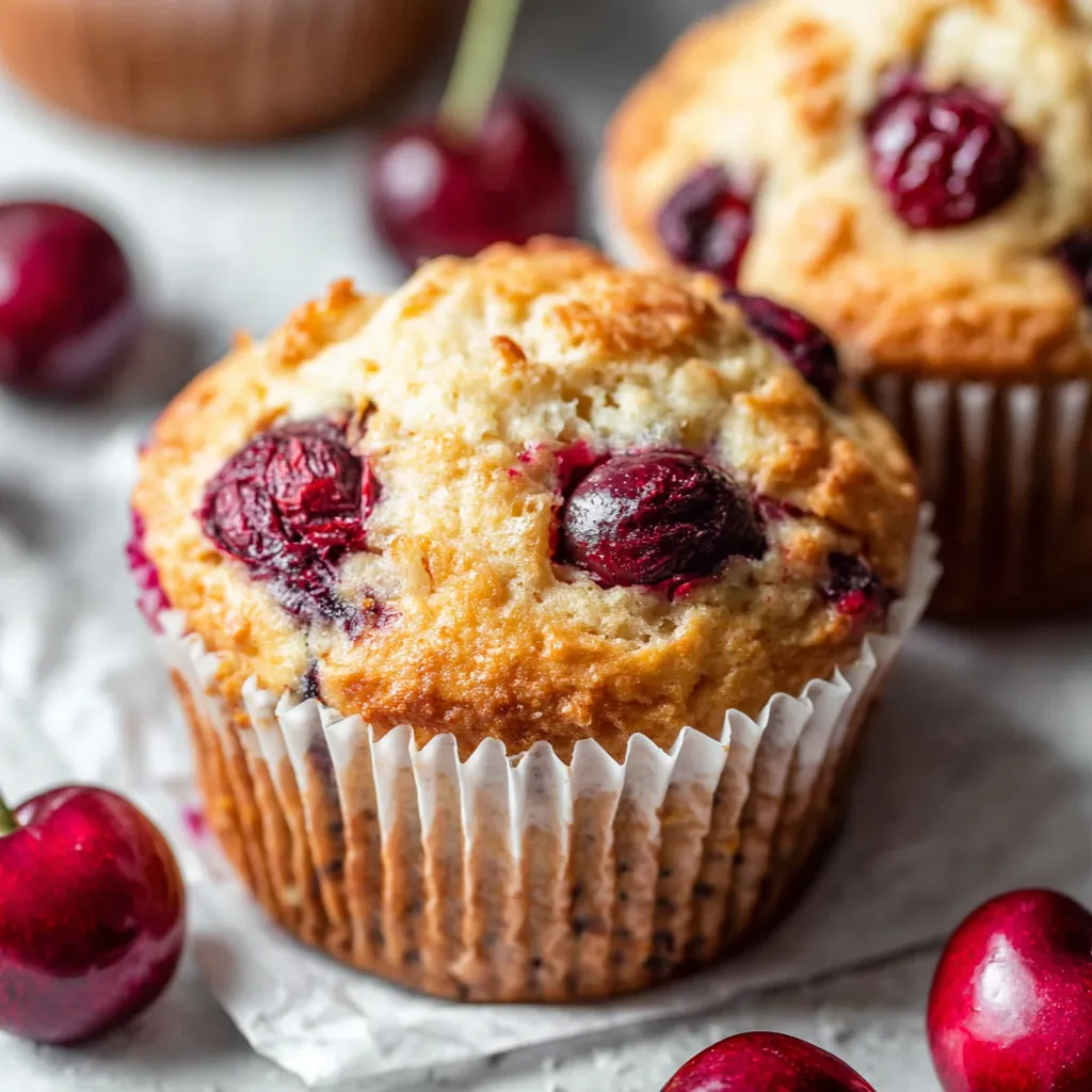 Close-up of a fresh, homemade cherry muffin. Easy recipe from Olives + Thyme.