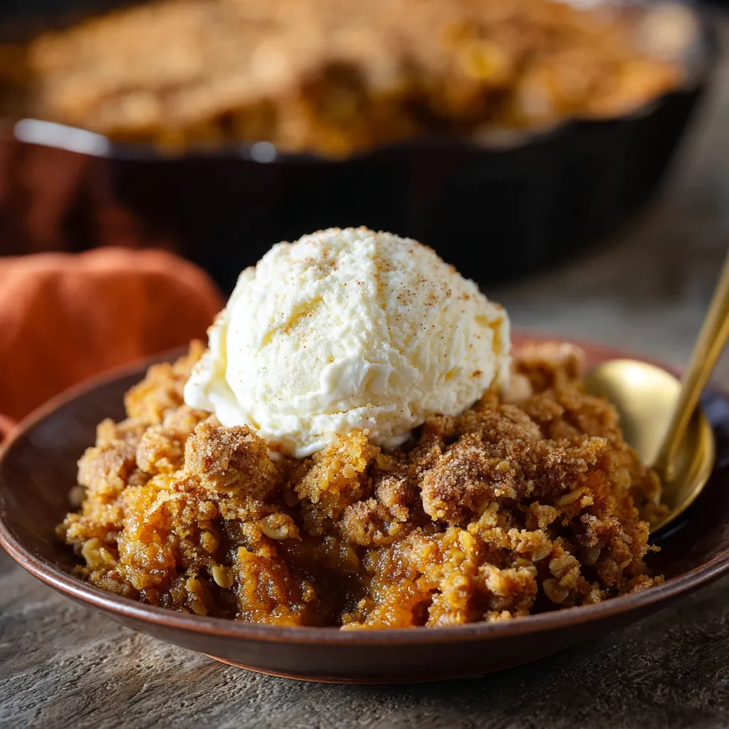 Easy pumpkin crisp, top view. Dessert with warm oat topping.