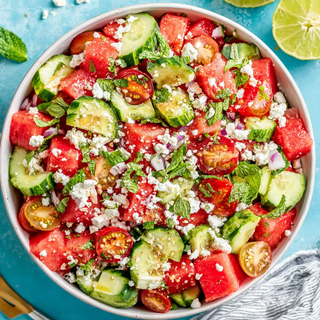 Watermelon cucumber salad. Refreshing, easy summer salad with feta & mint.