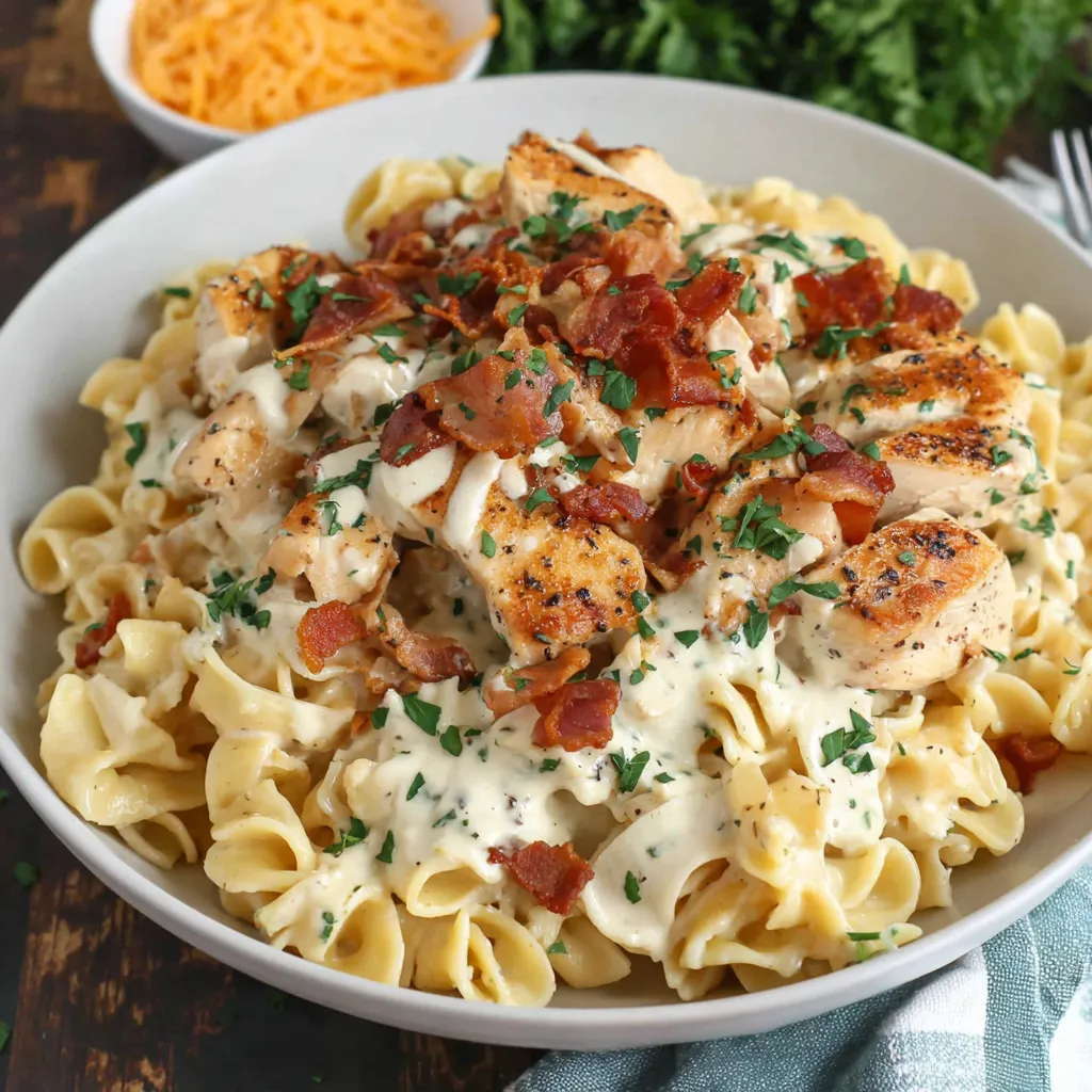 Creamy chicken bacon ranch pasta: a comforting, cheesy dinner.