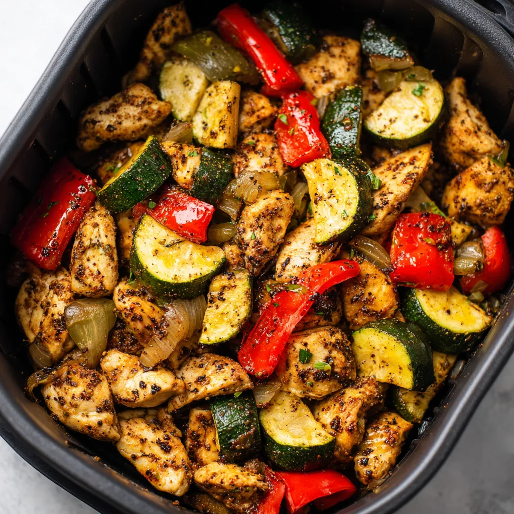 Air fryer chicken and vegetables, a fast weeknight dinner recipe.