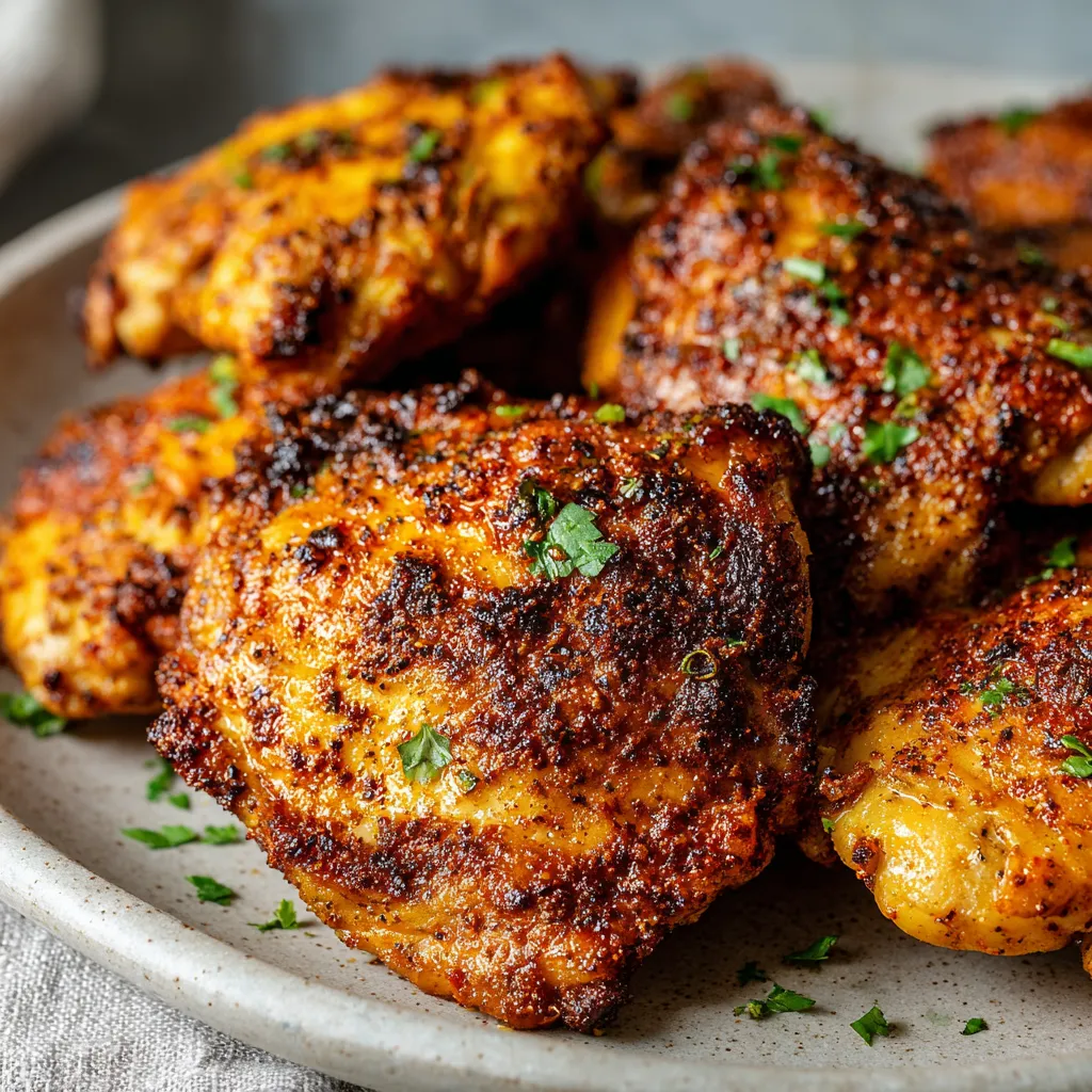 Crispy air fryer chicken thighs are pictured, showcasing their golden-brown skin and juicy interior.