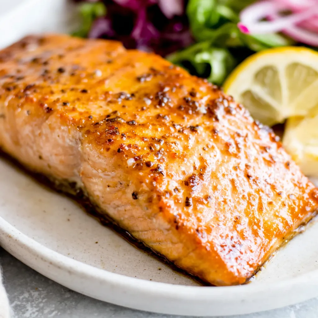Crispy air fryer salmon fillet, close-up. Easy and healthy recipe.