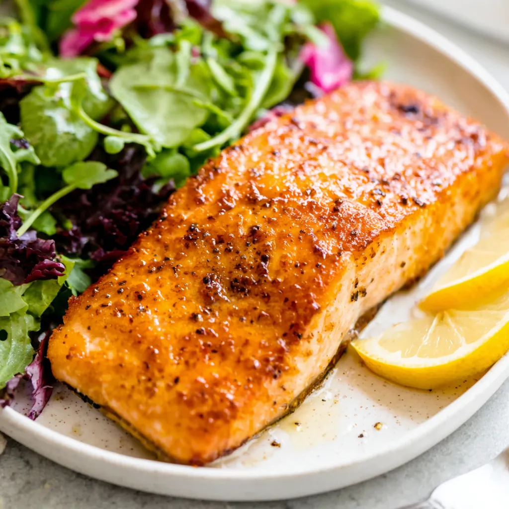 Air fryer salmon fillet on a plate. Quick, healthy recipe.