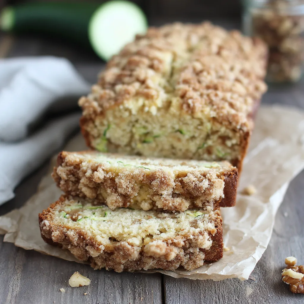 Bakery-style zucchini bread with cinnamon streusel topping. Delicious homemade loaf.