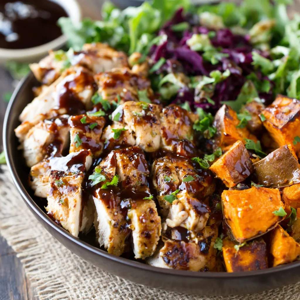BBQ chicken sweet potato bowl close-up showcases the vibrant colors and textures of this easy and delicious meal.